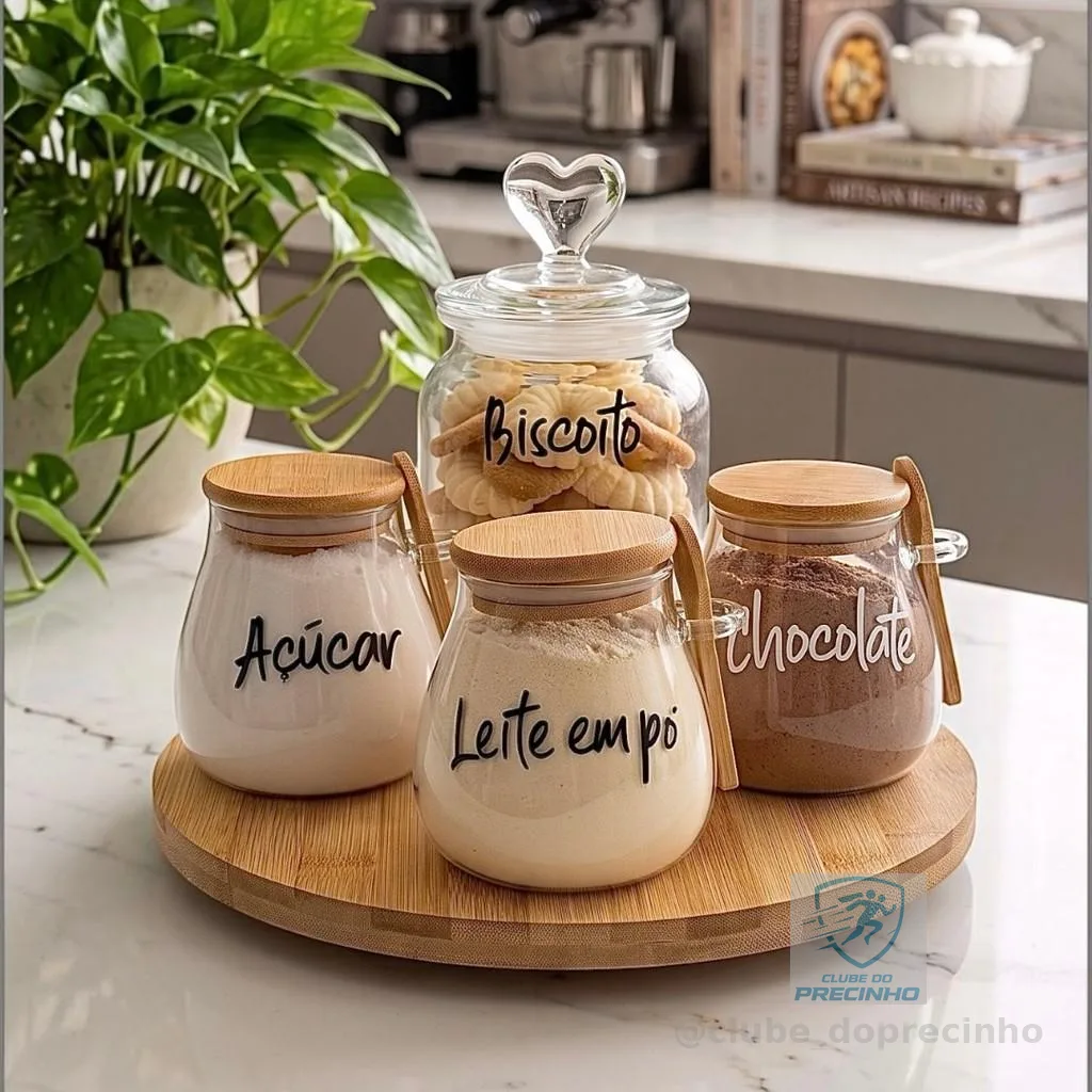 KIT 5 PEÇAS POTES STYLE E CORAÇÃO COM BANDEJA GIRATÓRIA