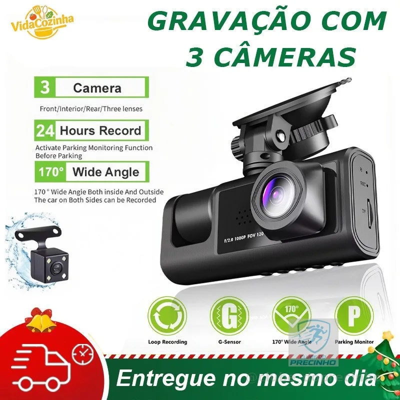 Gravador Veicular Tela Ventosa 3 Lentes (Frontal + Interna + Traseira) com Tela LCD | DVR Automotivo com Visão Noturna