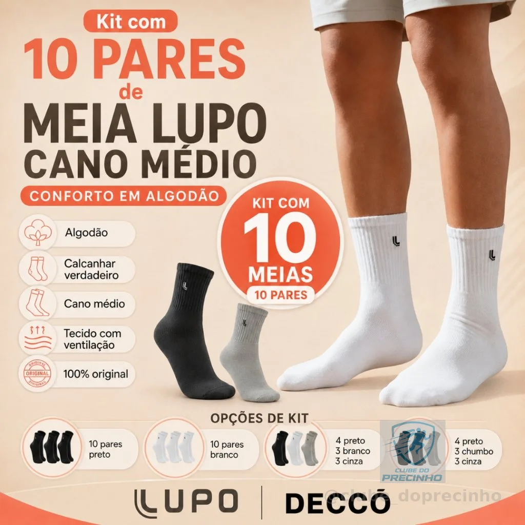 Kit De 10 Pares De Meias Lupo Cano Médio Unissex Em Algodão Tamanho 37 ao 44