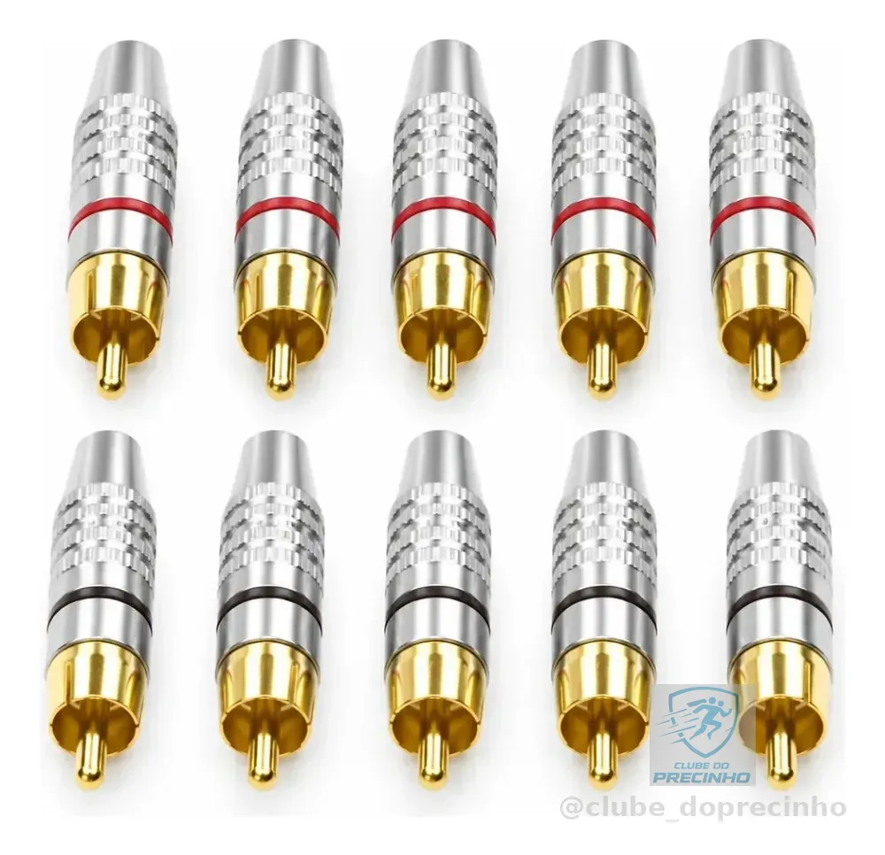 Plug RCA Macho Kit 10 Unidades Bertô Metal Niquelado Ponta Banhada a Ouro, 5 Anéis Vermelhos e 5 Pretos, Encaixe Firme, Nota 4.8 em 469 Avaliações, Ideal para Som Automotivo, Home Theater e Cabos Pers