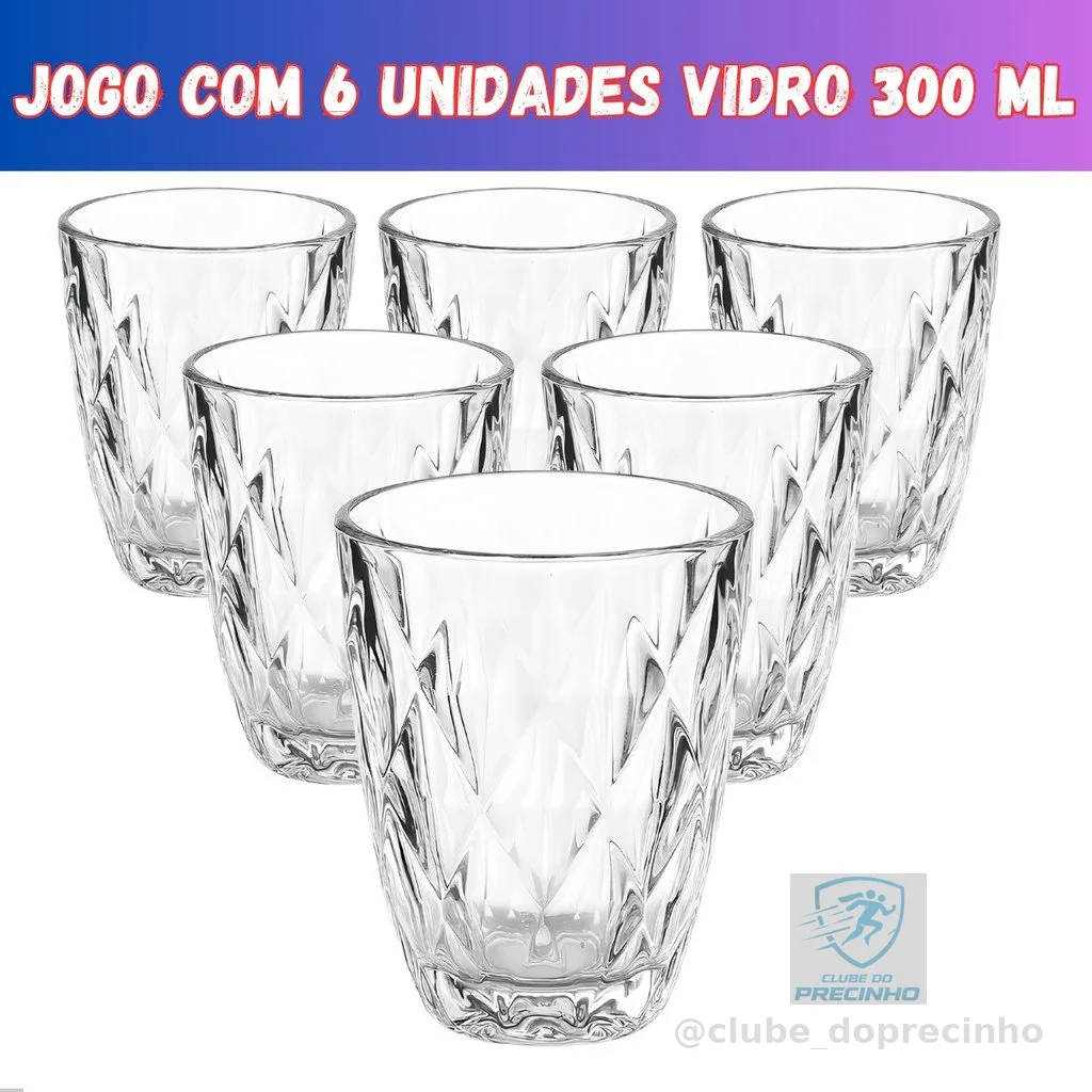 Jogo 6 Copos Baixos Diamond 300ml Vidro Grosso Diamante Luxo