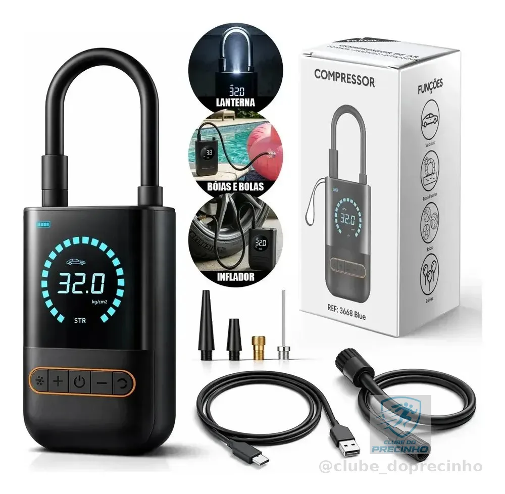 Compressor de Ar Digital Mini Portátil sem Fio para Carro, Moto e Bicicleta