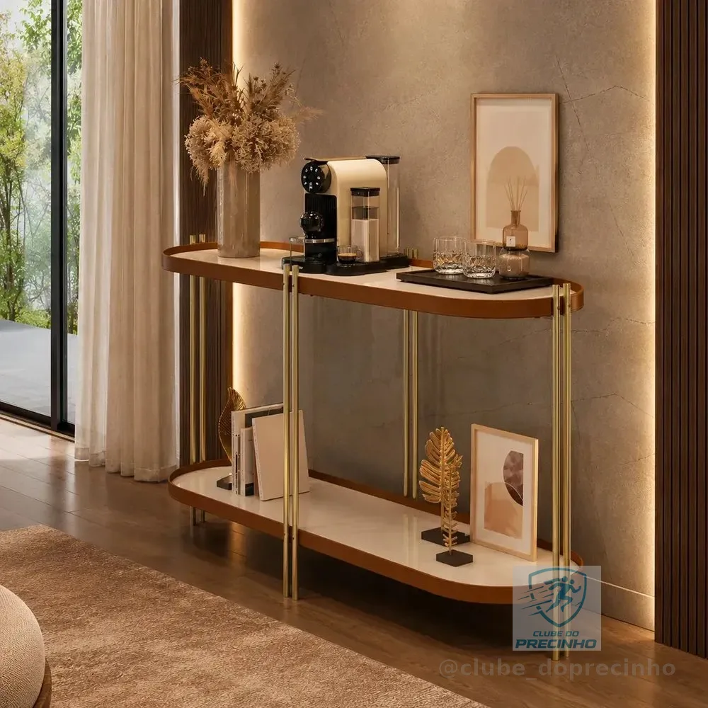 Buffet Aparador Moderno Oval Prateleiras Couro Pés Dourado