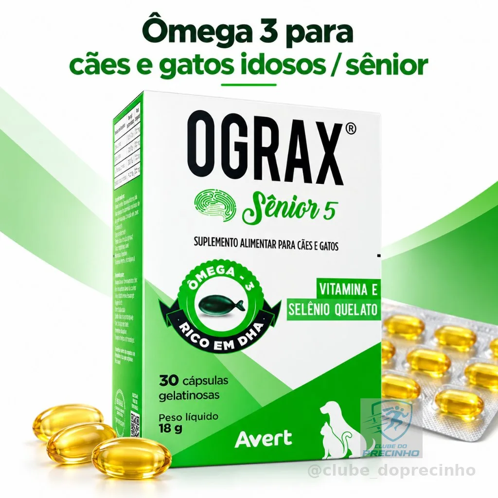 Ograx Sênior 5 Avert Ômega 3 DHA para Cães e Gatos Idosos Suplemento Alimentar Vitamina E Selênio Quelato 30 Cápsula 18g