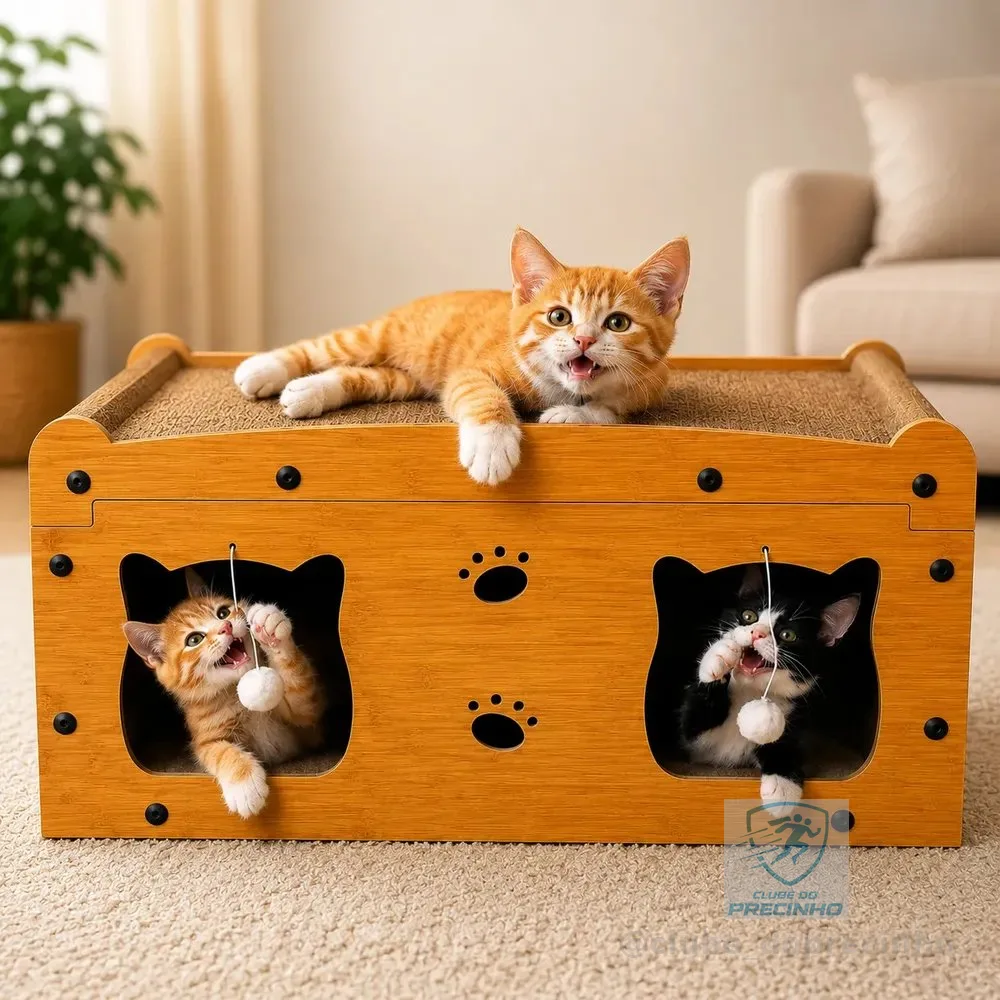 Toca Dupla Para Gatos Arranhador Mdf Com Bolinha Day Luna Marrom