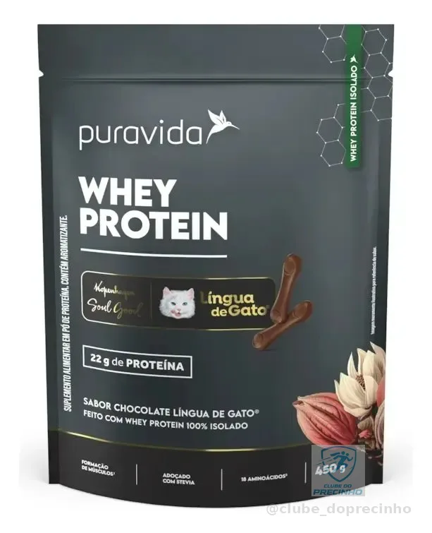 Whey Protein Isolado Chocolate Lingua de Gato 450g Puravida