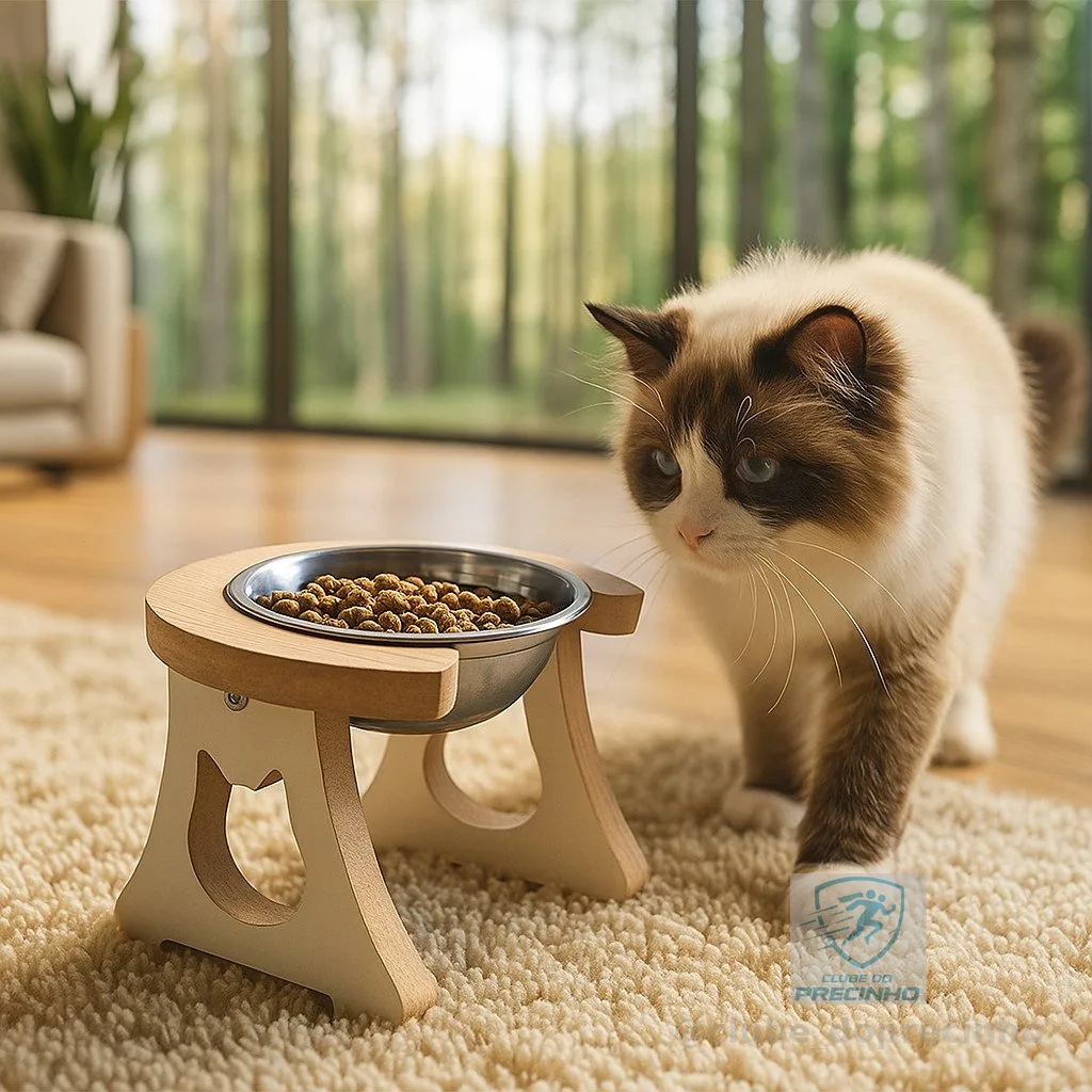 COMEDOURO ELEVADO PARA GATOS COM TIGELA INOX ERGONÔMICO