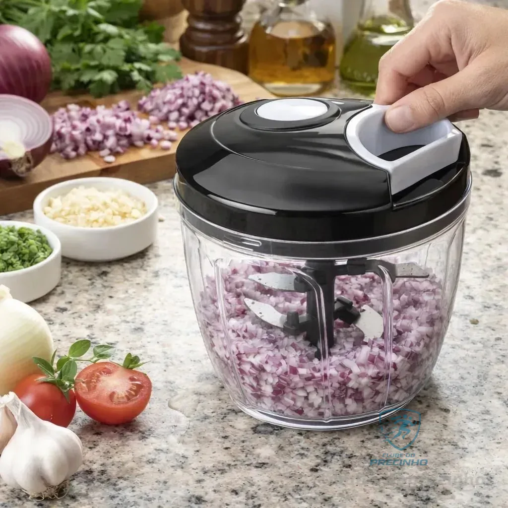 Triturador De Alimentos Manual 900ml Com 5 Lâminas Inox  Picador De Cebola Alho Legumes E Temperos Pétalas Douradas Fatiador Cortador Preto