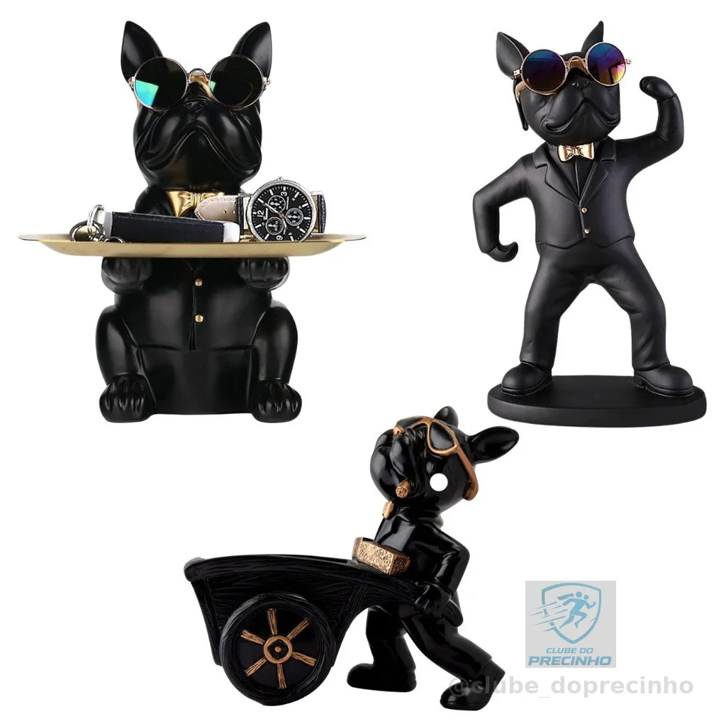 Escultura Estatueta Decorativa de Cachorro Bulldog com Bandeja Óculos Porta Objetos Resina Decoração