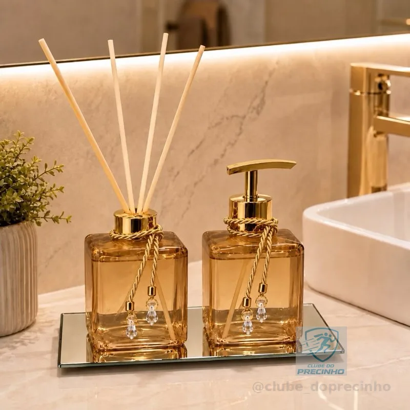 Kit Lavabo Pet Ambar Difusor de Varetas e Saboneteira Luxo Bandeja Banheiro Casa