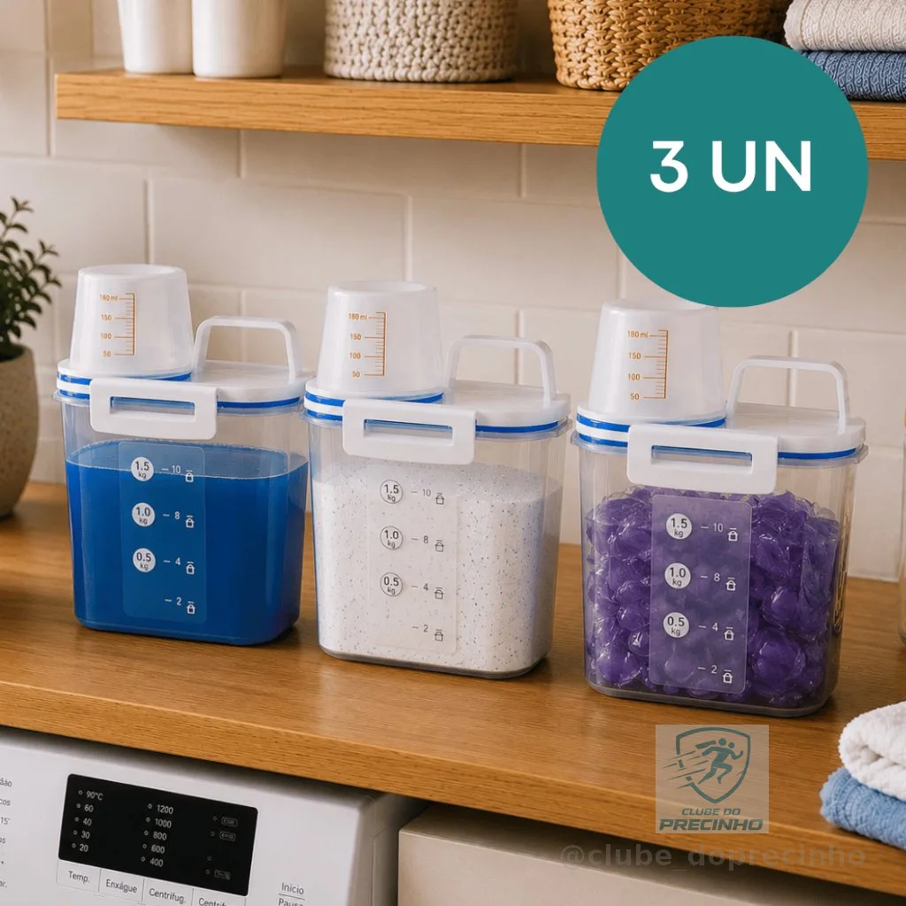 - Kit 3 Pote Hermético 1,5 L C/ Bico Dosador Porta Sabão em Pó/Sabão Líquido/Amaciante Compacto Lavanderia Organizador