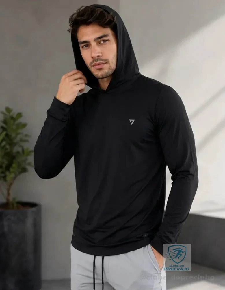 Camisa Térmica Manga Longa Com Capuz Proteção Solar Uv50+ Preto Liso M