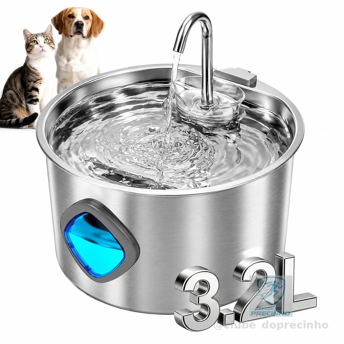Fonte de Água pra Gato, Bebedouro para Gatos Silenciosa Inox Carvão Ativado LED Indicador Fonte De Água para Cães e Gatos (3,2L, TY40)