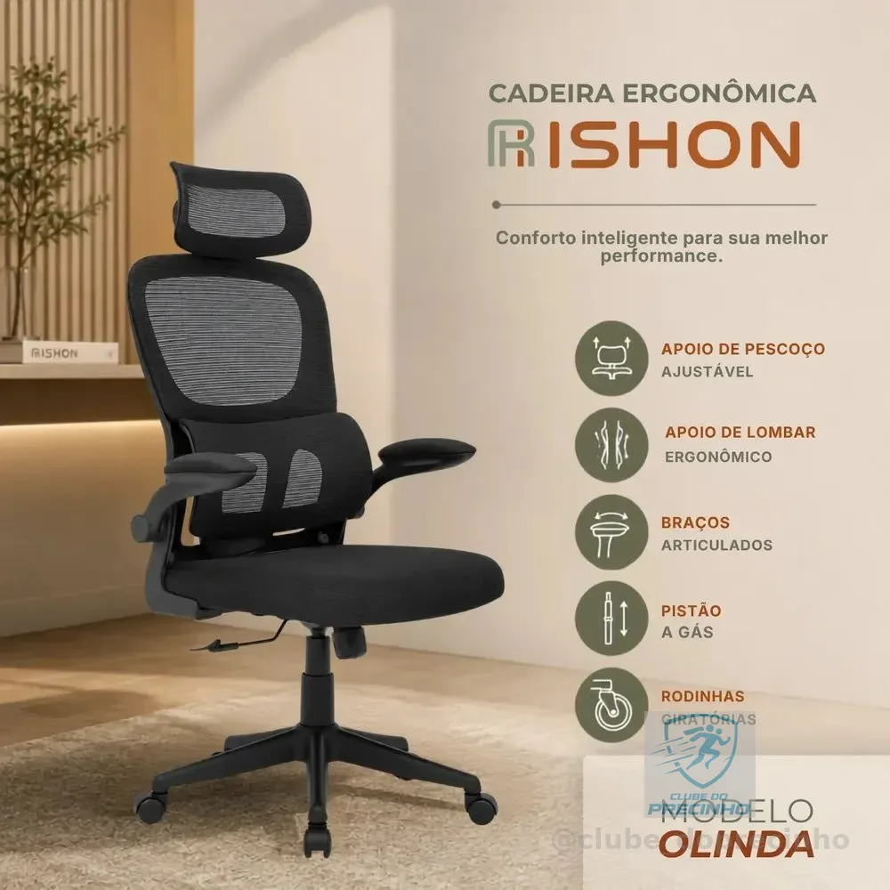 Cadeira Escritório Ergonômica Giratoria Reclinavel Olinda RSH500 Rishon Cor Preto Com Suporte Lombar Estofado Mesh