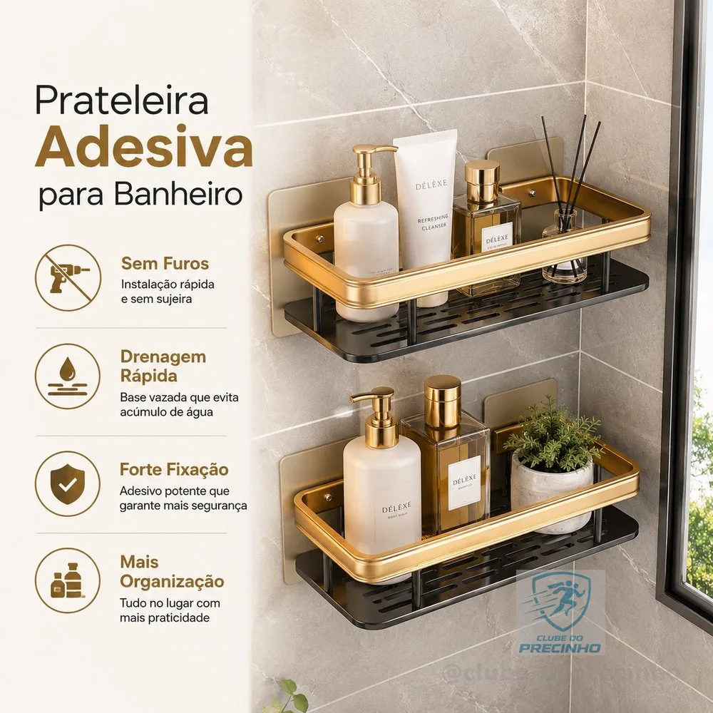 Prateleira Adesiva Para Banheiro Sem Furos Suporte Shampoo Sabonete Organizador Parede Drenagem Rápida