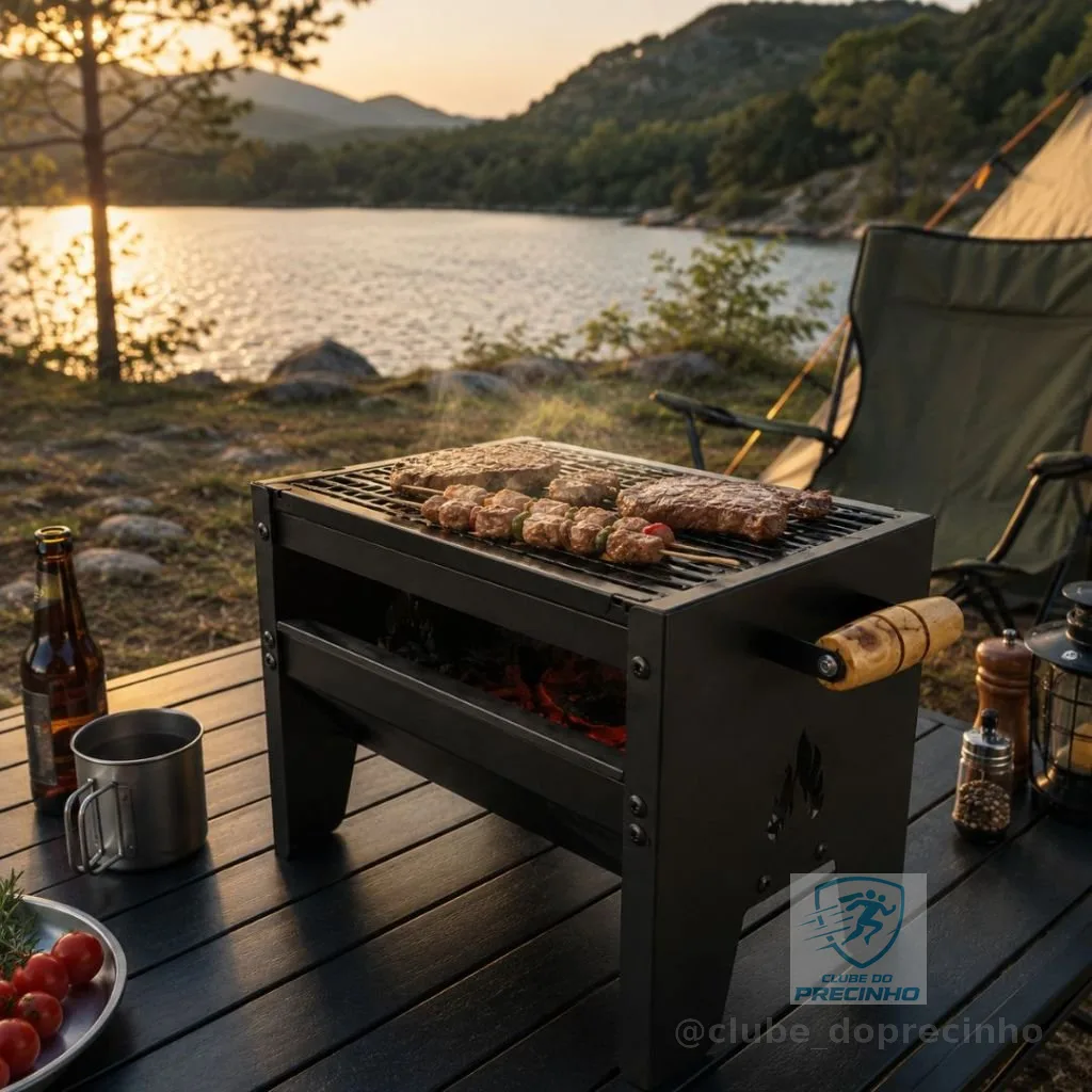 Mini Churrasqueira Preta com Grelha Desmontável e Alças Laterais Áreas Gourmet Apartamento e Camping