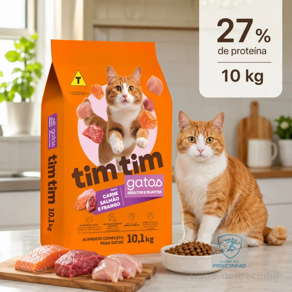 Ração para Gatos Filhotes e Adultos 27% Proteína Tim Tim Cat Sabor Carne Salmão e Frango 10 Kg