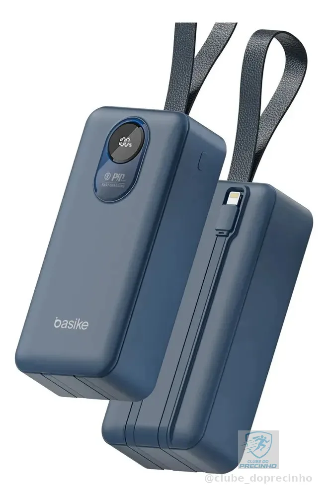 Power Bank Basike 30.000mAh Portátil, Carregamento Rápido 22.5W, com Cabos Embutidos e Display LED para iPhone e Samsung Azul