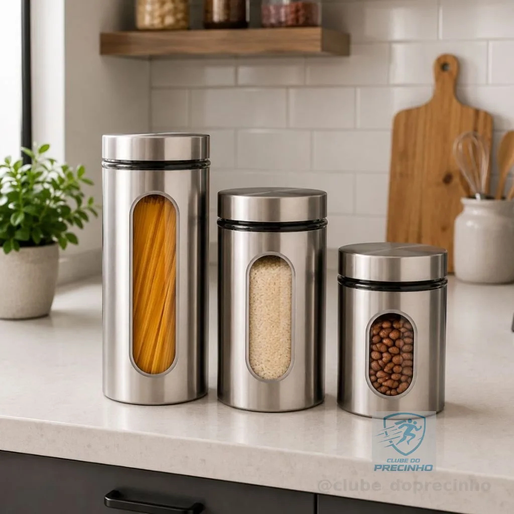 Kit 3 Potes Herméticos Vidro e Inox - Organizador Cozinha Despensa Mantimentos Café e Açúcar Premium