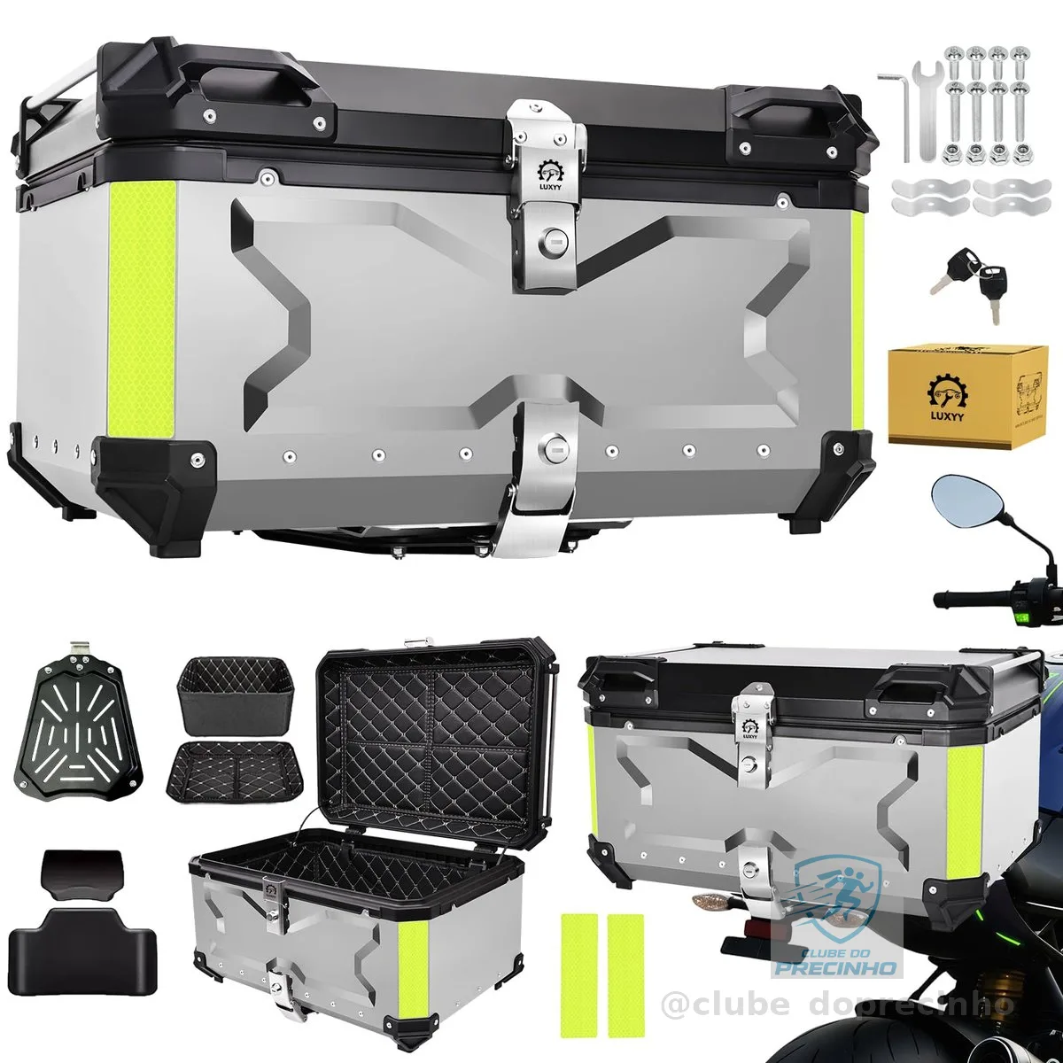 Bau para Moto de Alumínio 65 Litros- Baú Moto Bauleto Modelo Universal, Alto Volume Impermeável, trava dupla para proteção contra roubo, Prata