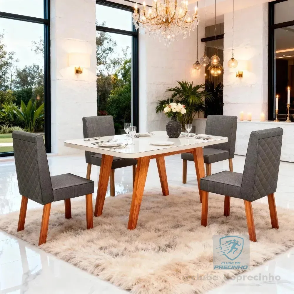 Sala De Jantar 130x90 Mavie Vidro Off 4 Cadeiras Bom Pastor Off-white Naturale Linho Chumbo