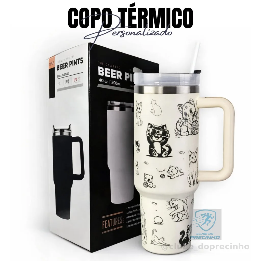 Copo Térmico 1200ml Off White Personalizado Gatos Gatinhos Gravação Laser 360 Graus