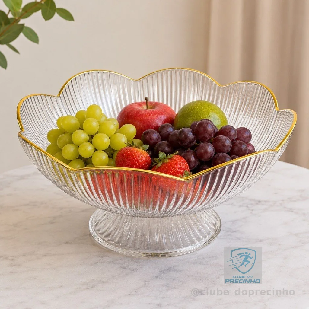 Fruteira Centro De Mesa Transparente Com Borda Dourada Luxo Premium