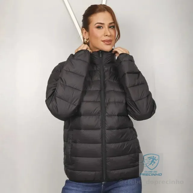 Jaqueta Feminina Puffer De Frio Nylon Capuz Impermeável
