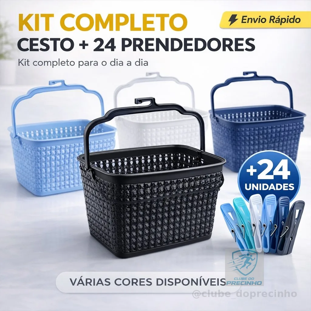Kit Cesto + 24 Prendedores Roupas Reforçado Cesto Multiuso com Alça