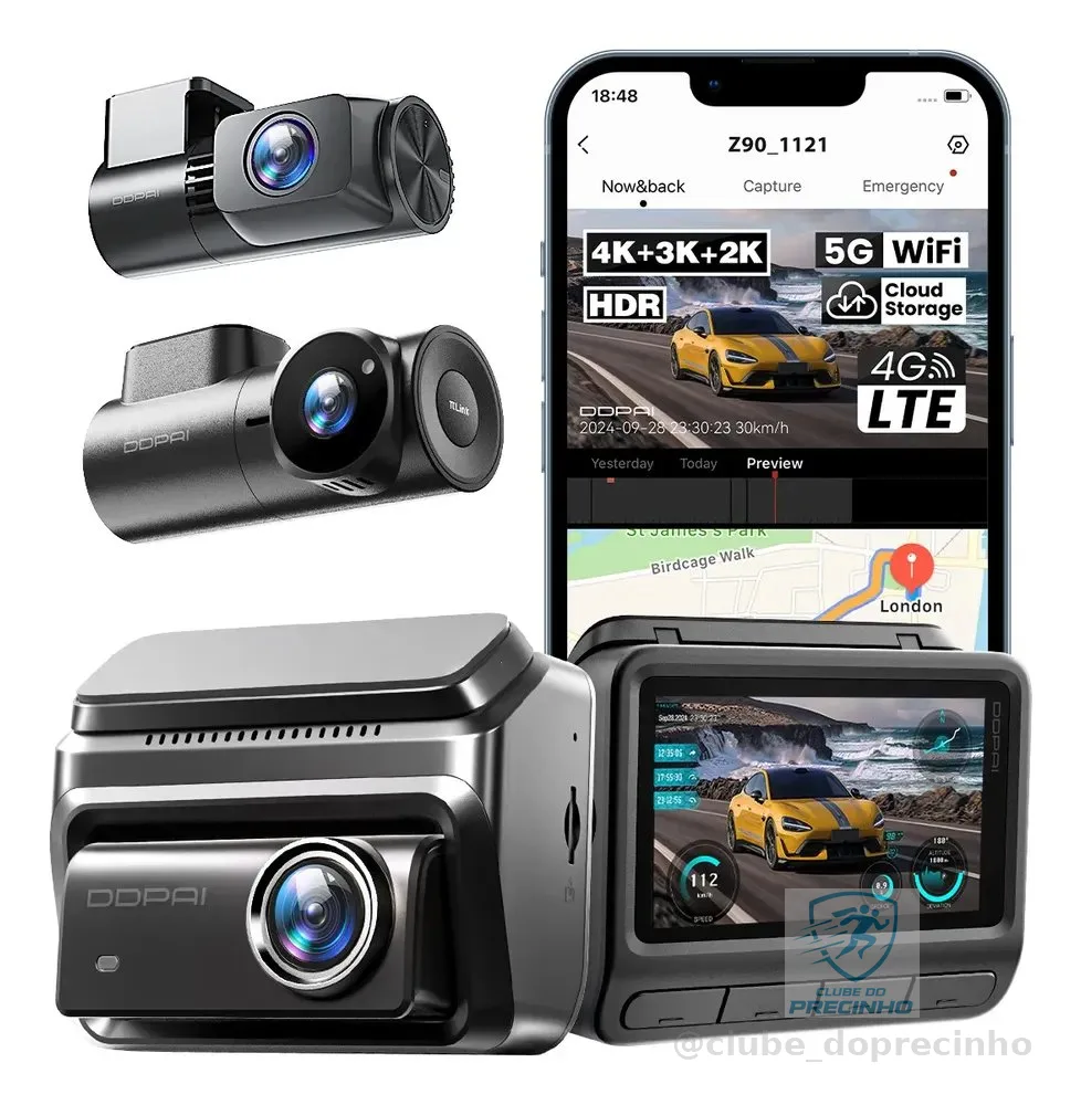 Câmera Veicular Ddpai Z90 4k Hdr Visão Noturna 2.0 Gps App Z90 3 Canais-três Câmeras