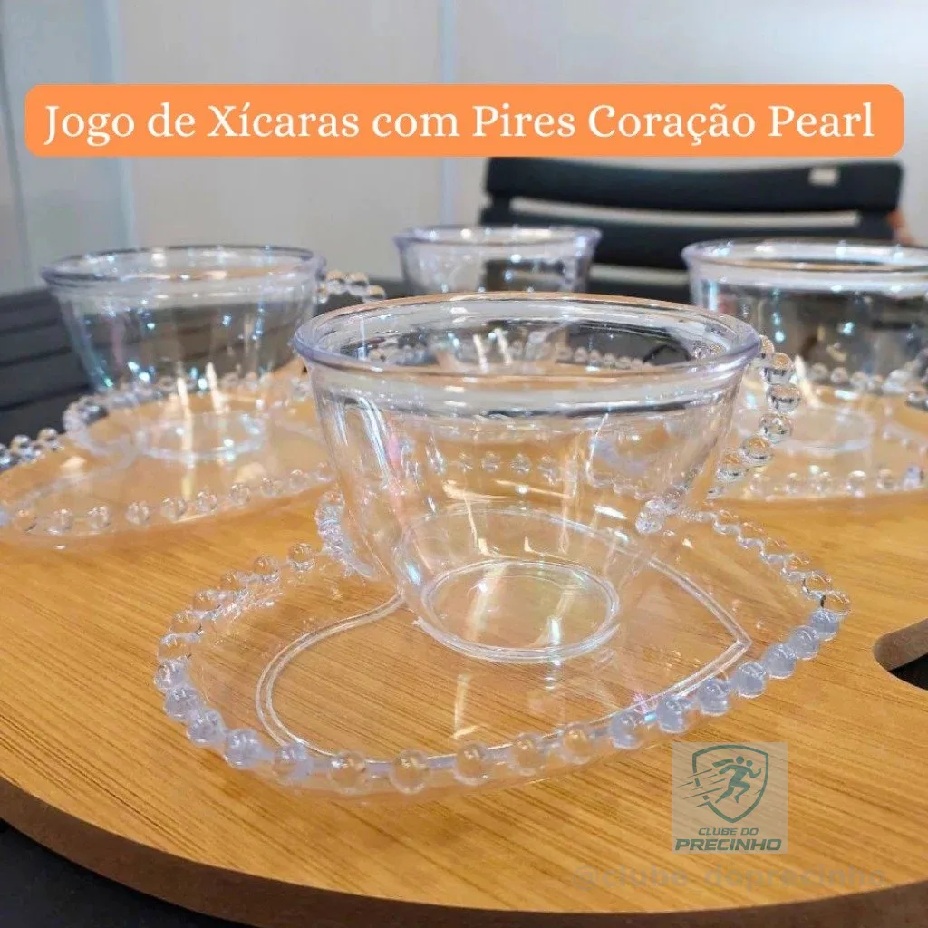 JOGO COM 06 XÍCARAS 150ML E 06 PIRES MODELO PEARL CORAÇÃO EM ACRÍLICO (NÃO É VIDRO) RESISTENTE