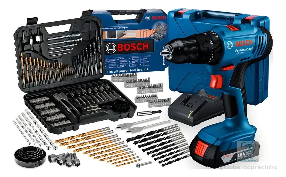 Parafusadeira E Furadeira De Impacto A Bateria 18v Bosch Gsb 183-li Maleta Com Kit Brocas E Bits Profissional 103 Peças