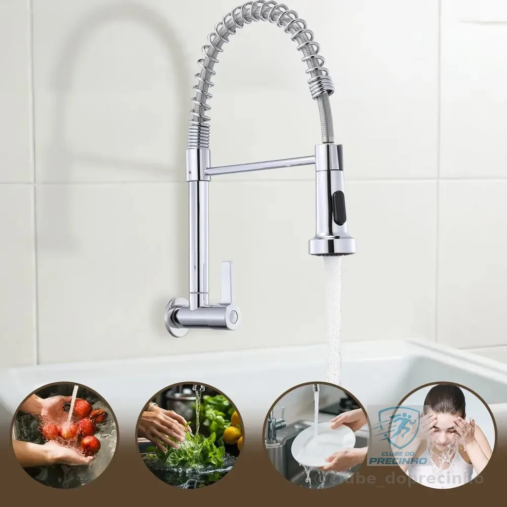 Torneira Cozinha Rotação Total 360°flexível Premium Prateado Parede