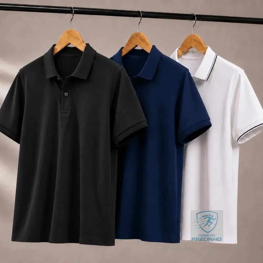Kit 3 Camisa Gola Polo Piquet Masculina Casual Algodão Branco/preto/marinho G Liso