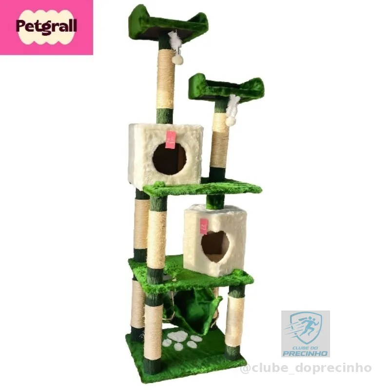 Arranhador Gigante 1,96m para Gatos com 2 Tocas, Rede e Sisal | Torre Casinha Petgrall