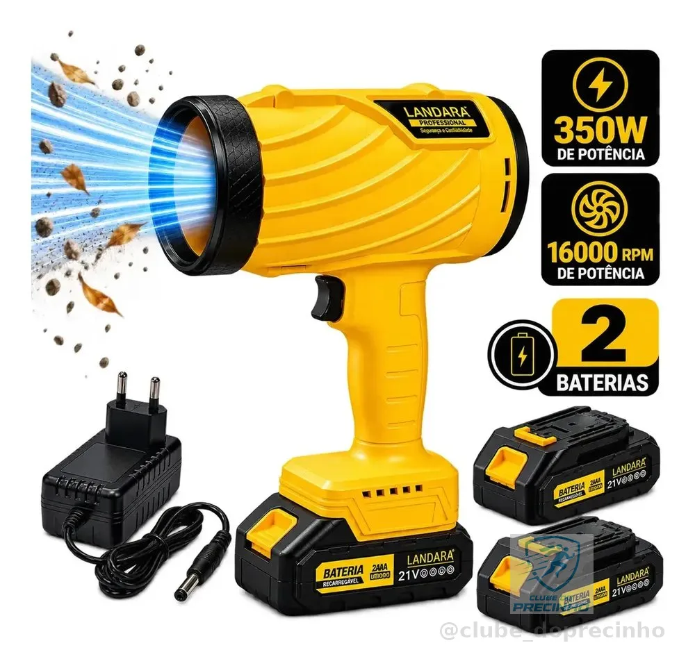Soprador De Ar Eletrico Automotivo Folhas Potente Turbo 350W Com 2 Baterias 160000 RPM De Potencia Sem Fio Recarregavel Multiuso Landara
