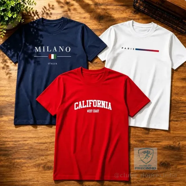 Kit 3 Camisetas Algodão Milano Paris Califórnia Masculina