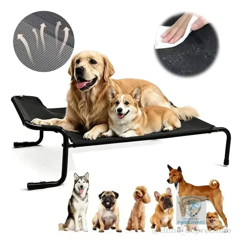 Cama Suspensa Elevada Cachorro 120x72x30cm Super Grande Até 60kg Yesop Brand Textilene Preto