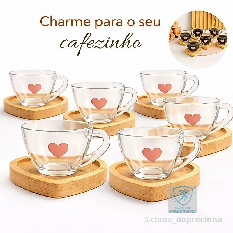 Jogo de Xícaras de Café com Pires de Madeira Coração Cantinho do Café Kit Presente Feminino