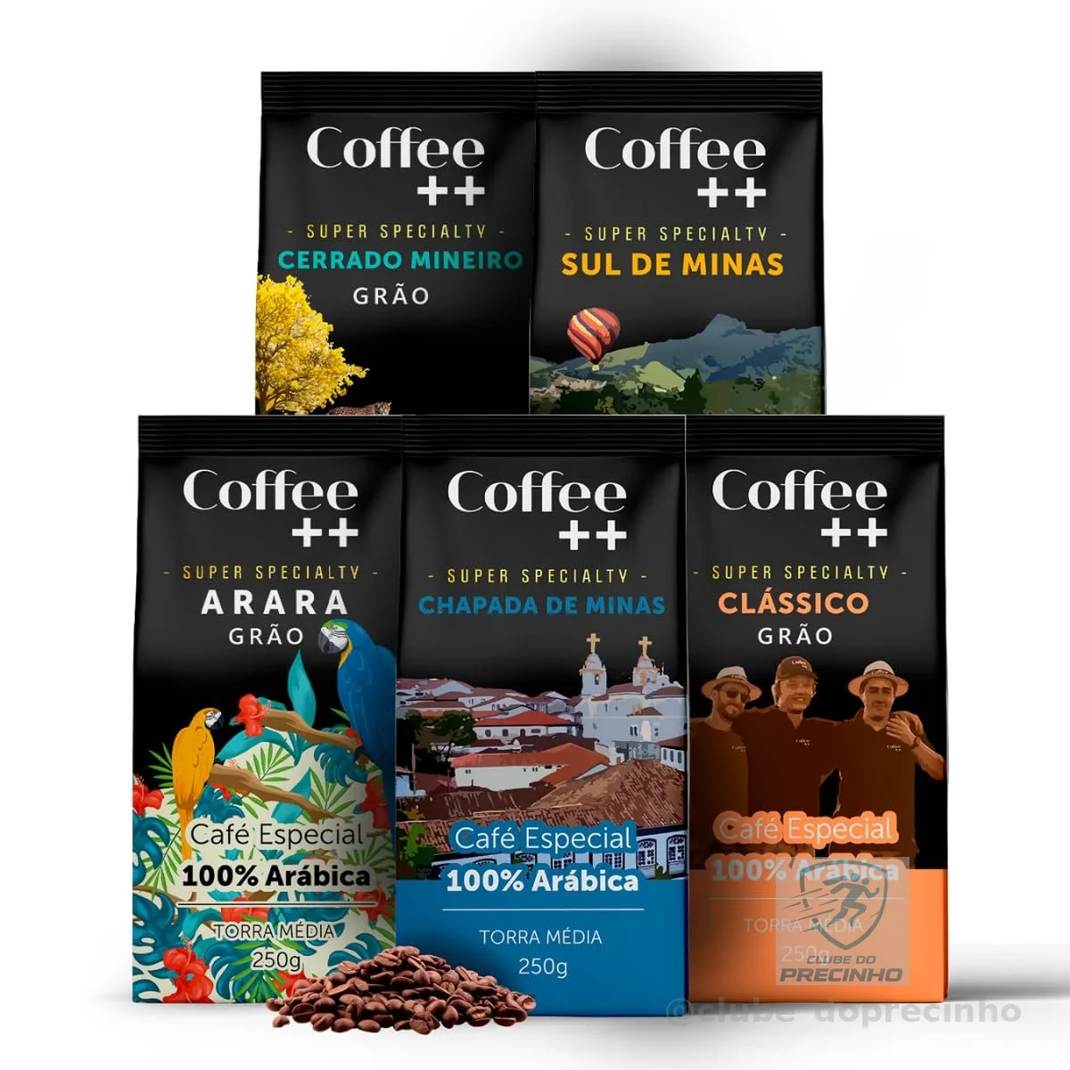 Kit 5 Pacotes Café Especial em Grãos Coffee++ Variedades: Chapada de Minas, Sul de Minas, Cerrado Mineiro, Arara e Clássico - 100% Arábica (5x250g)