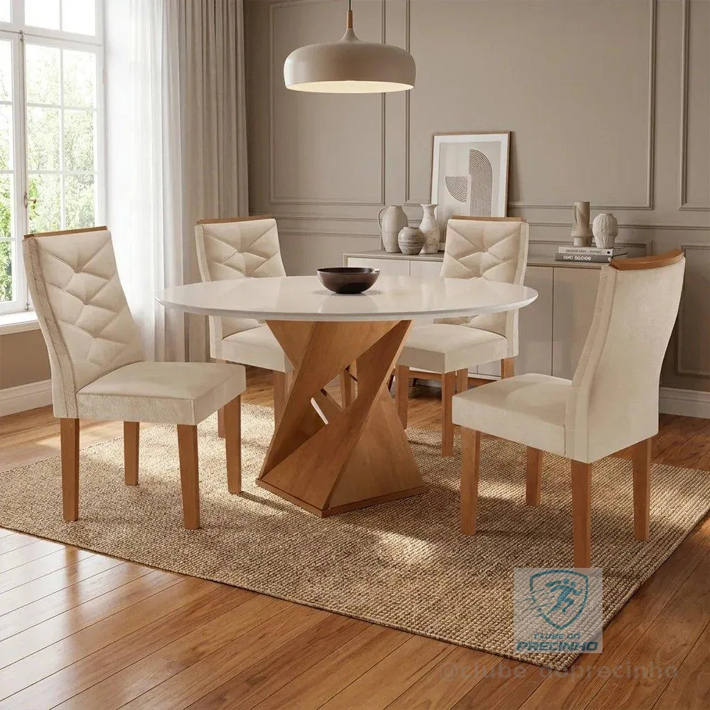 Conjunto Mesa Redonda com 4 Cadeiras Tampo MDF Barcelona Yescasa Cinamomo/Off White/Suede Pena