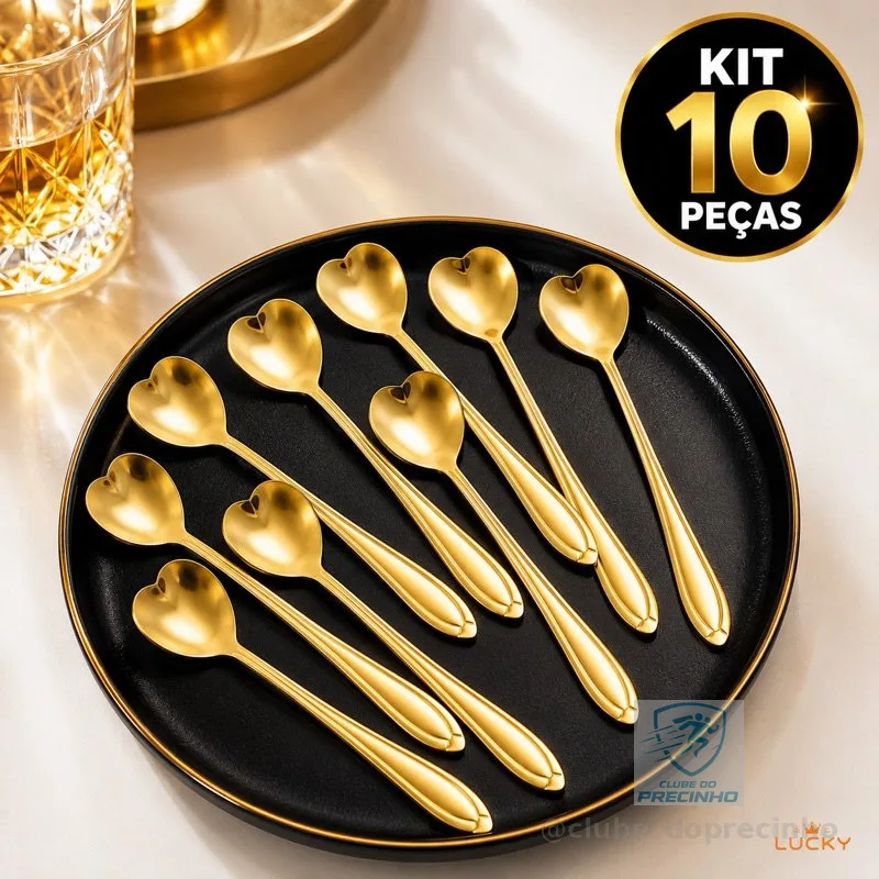 Kit 10 Colheres Coração Fofa para Cozinha Mesa Posta Douradas Café Sobremesa Chá Aço Inoxidável