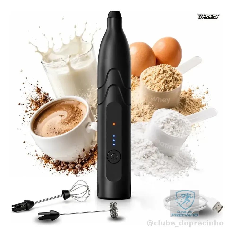 Mixer Elétrico Portátil 2 em 1 Recarregável Potente Misturador de Bebidas e Ovos 3 Velocidades Usb Batedor e Fue Fouet