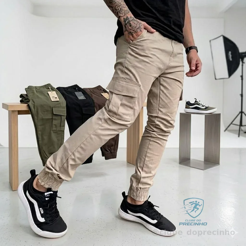 Calça Jogger Cargo Masculina Sarja Calca Streetwear Punho