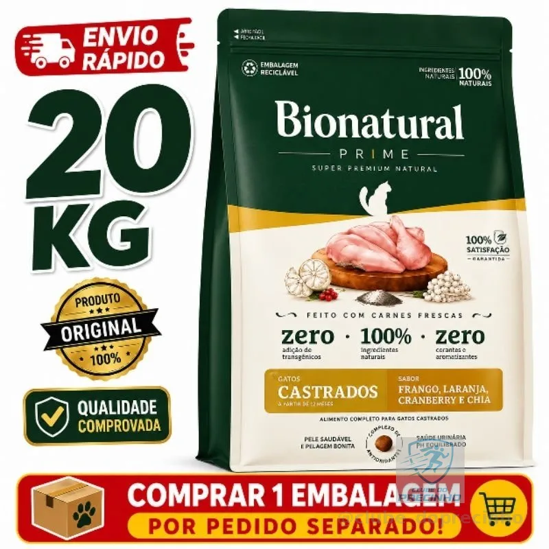 Ração Bionatural Prime Super Premium Gatos Castrados 20kg Frango Original Envio Rápido