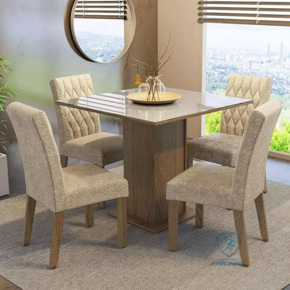 Sala Jantar Estofada Mesa Tampo Vidro 4 Cadeiras Madesa Anaju Rci Cor Rustic/crema/imperial Mdja0401387gsim Liso