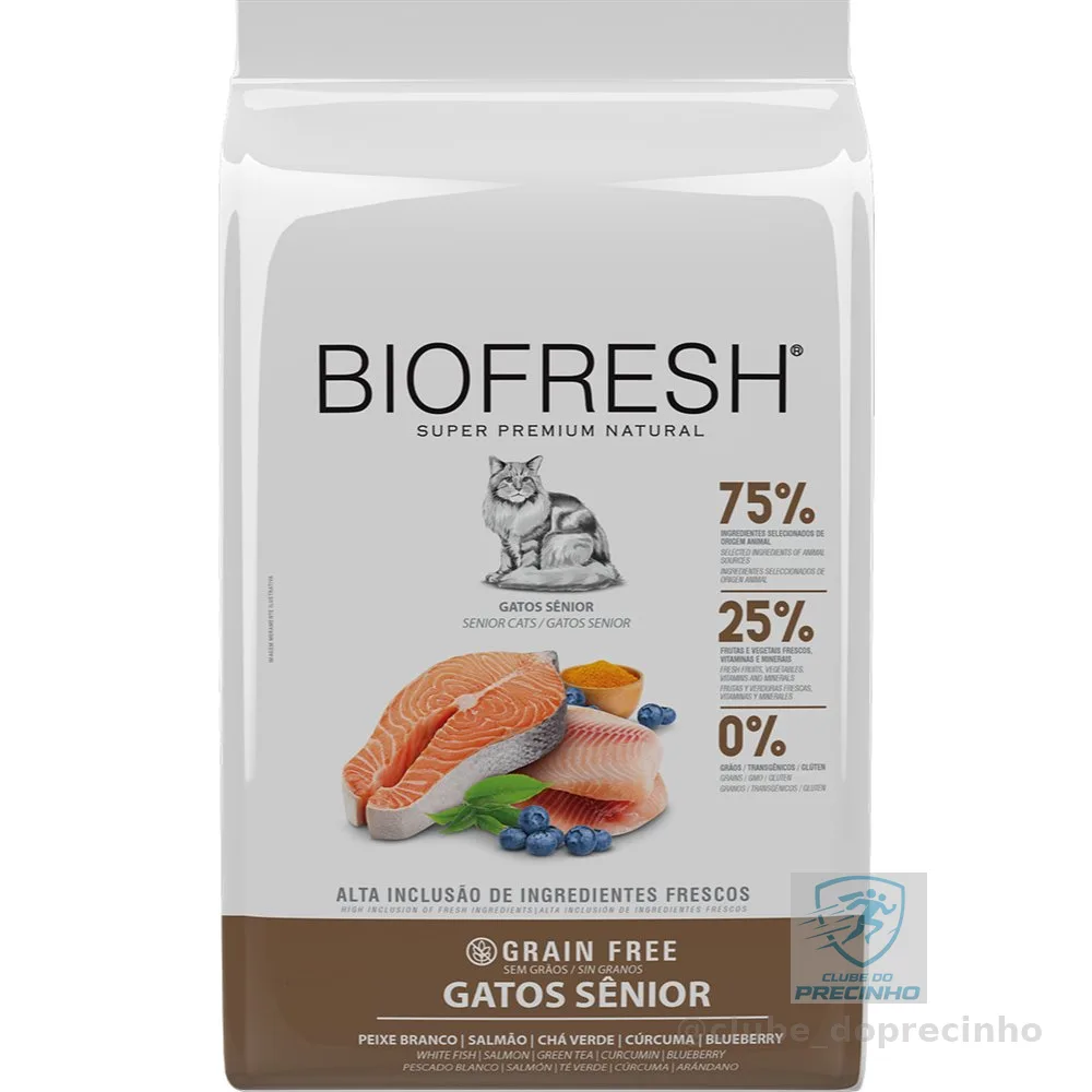 Ração Biofresh 7,5Kg Gatos Senior Sabor Peixe Branco, Salmão, Chá Verde, Cúrcuma e Blueberry