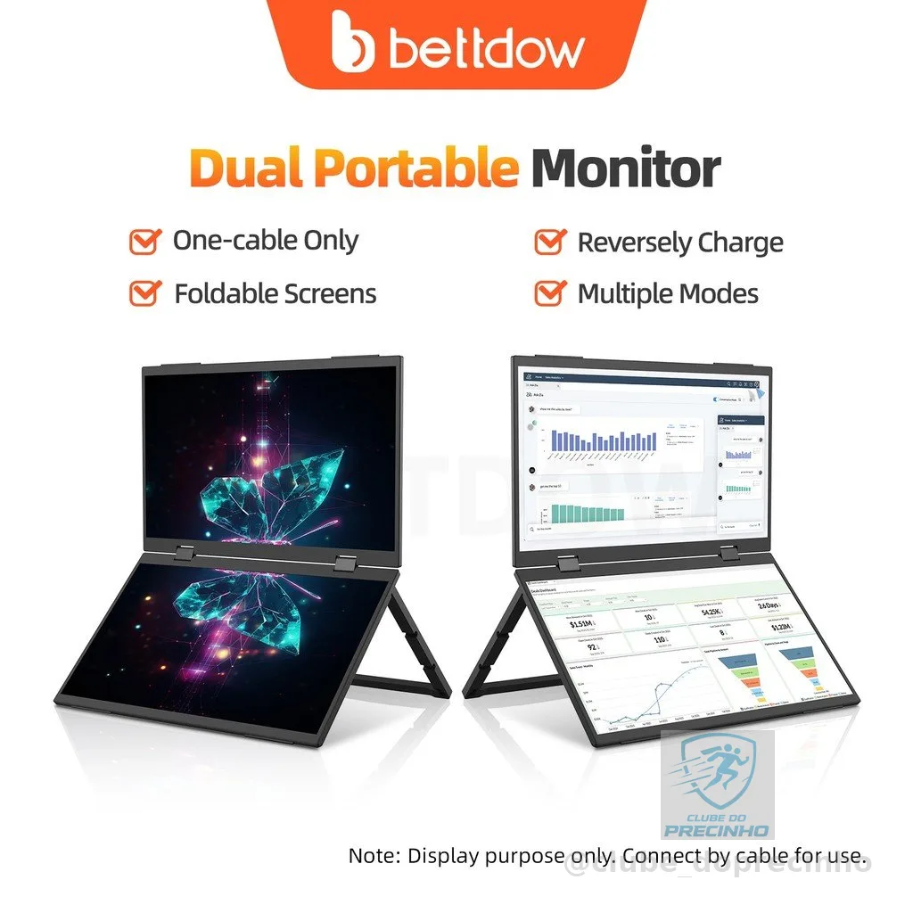 BETTDOW Monitor De Tela Dupla De 15.4 Polegadas Dobrável 315 Graus Portátil 16 : 9 IPS FHD Display Com Suporte HD