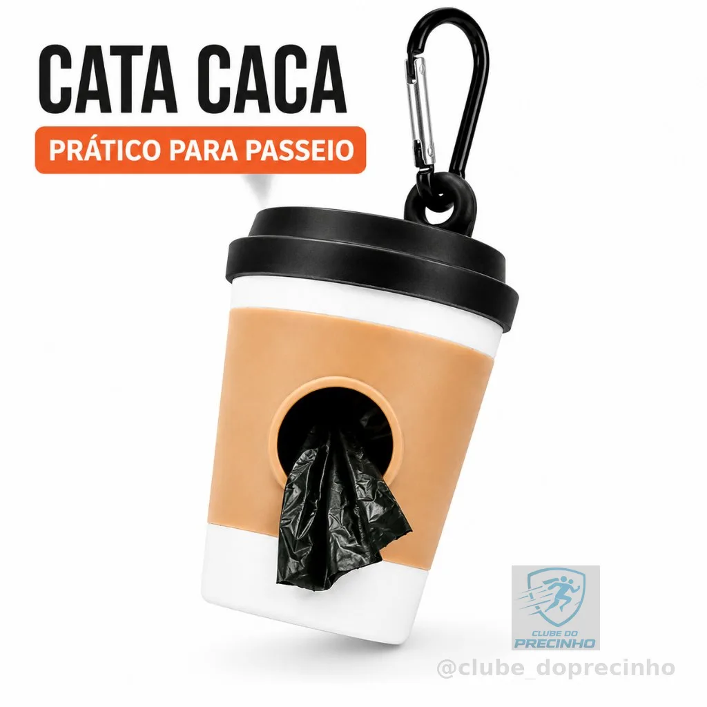 Porta Saquinho Higiênico para Cachorro Formato Copo de Café com Mosquetão Dispenser Cata-Caca