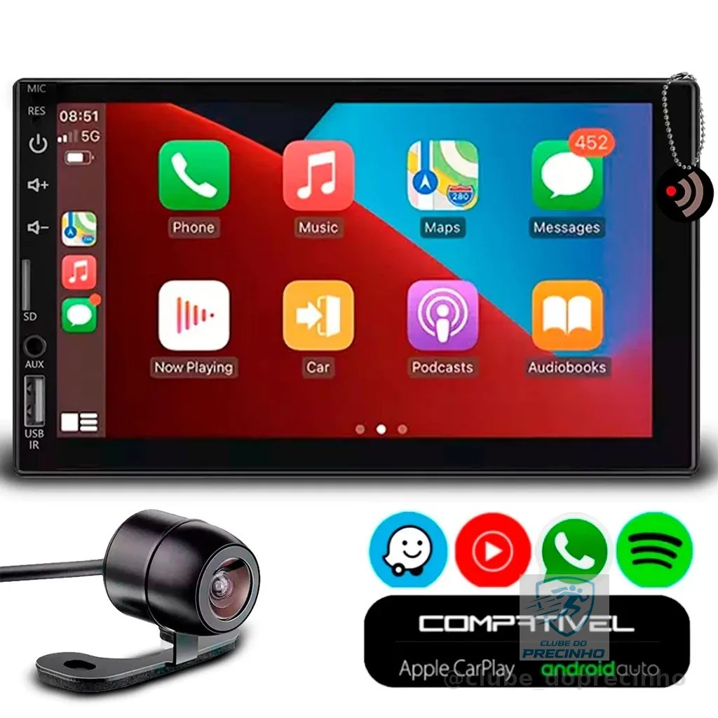 Multimídia 7 Polegadas CarPlay e Android Auto Bluetooth Usb Full Touch + Câmera de Ré Universal Colorida